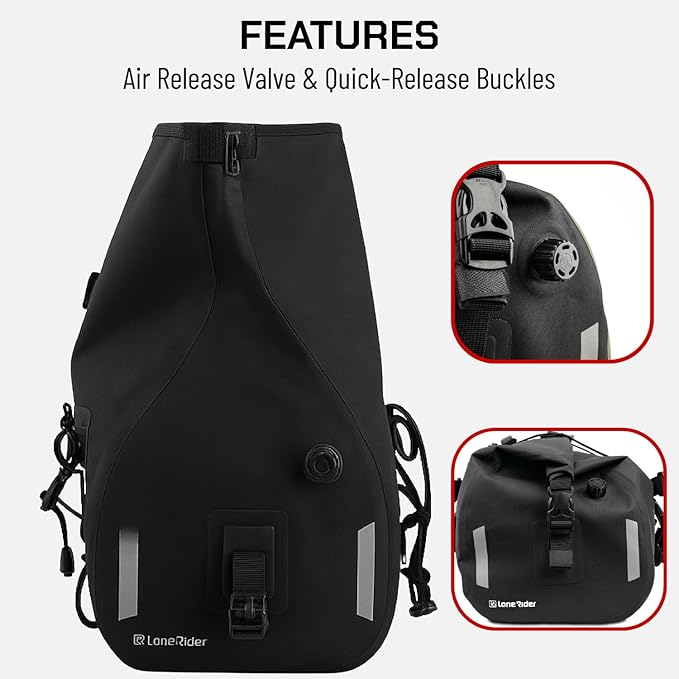 Lone Rider Waterproof Motorcycle Tail Bag 50L - Dustproof Roll Top Dry Bag ADV Motorbike Touring Luggage - 600D TPU Welded Seams Air Valve MOLLE Quick-Release Straps - Black