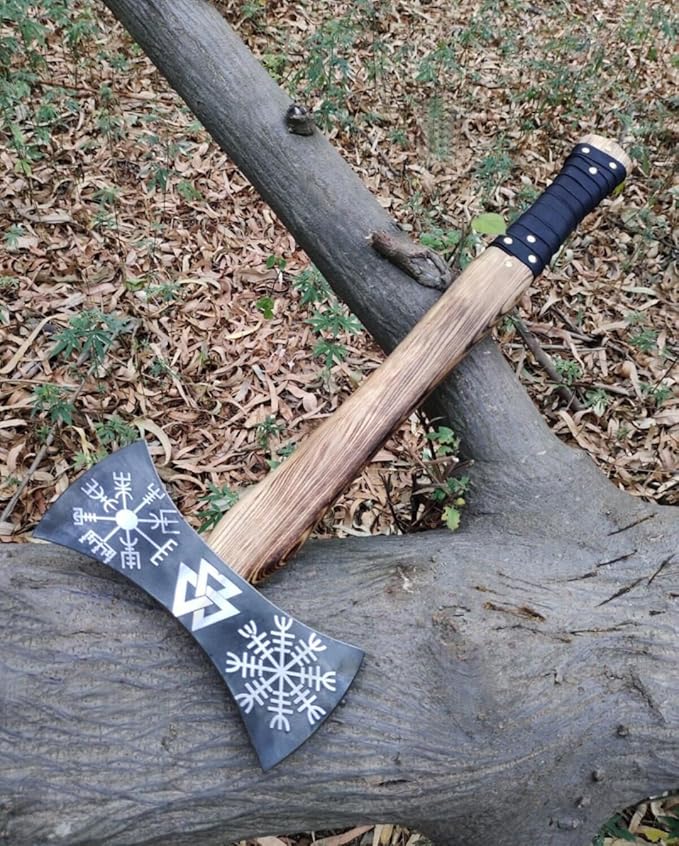 Handmade High Carbon Steel Double Edge Viking Axe - Valhalla Axe with Sheath - Viking Hatchet - Hunting Axe - Ash Wood Handle by Empire Industry