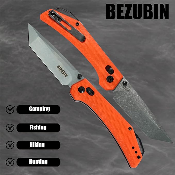 Axis Lock Folding Knife With Pocket Clip14C28N Steel BladeOrange G10 HandleEDC Pocket Knife for Camping Fishing Hiking Outdoor Survival