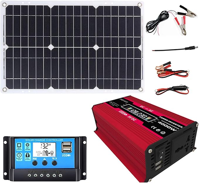 Complete Solar Power System 4000W 12V to 110V/220V Solar System Combination Inverter Solar Panel Kit Home Grid System 30A Controller + 18w12v Solar Panel(Red12V-110V)