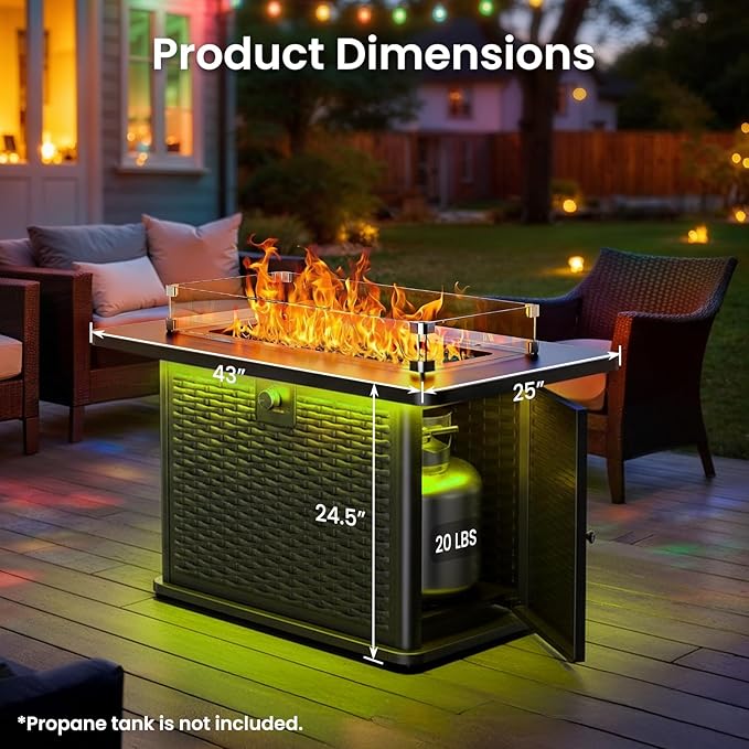 Ciays 43 Rectangular Propane Fire Pit with RGB Lighting Strip – 60000 BTU Gas Fire Pit Table Glass Stones Wind Guard Adjustable Flame Outdoor Fire Pit for Patio &amp Garden Black