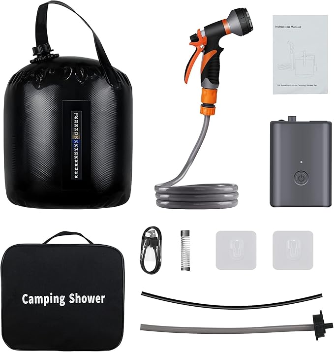 Brand Electric Portable Solar Camping Shower 20L (5Gal) - 4400mAh USB-C 90-120min Runtime 8 Modes Adjustable Pressure Food-Grade Material for Camping Hiking Beach RV Backpacking