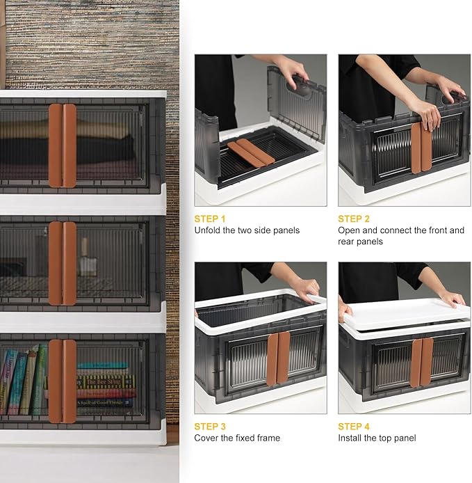 AJP Distributors 6 Pack of 8.5 GAL Stackable Storage Bins with Lids Plastic Collapsible Totes Folding Box Storage Containers Stacking Wardrobe Closet Organizer For Home Office Clothing Books