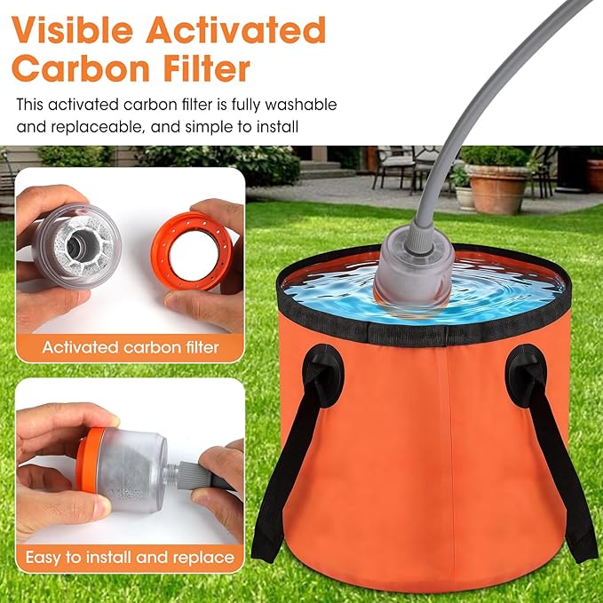 Portable Shower for Camping 2500mAh Rechargeable Camp Shower Pump with Foldable Bucket and Light Filtered Shower Head Outdoor Shower Kit for Travel Pet Bath Car Washing Wartering Plants