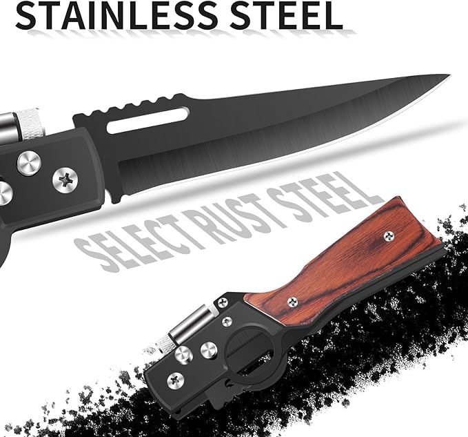 AK47 Style Tactical Folding Pocket Knife（Black） 6-Pack – Bulk Set with LED Light Wood Handle Laser Engraving Ready Best Man Gifts Outdoor Camping Hiking Gear for Groups (6)