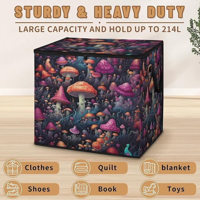 Large Mushrooms Storage Bags with Lid XL Blanket Clothes Storage Bins Foldable Organizers Storage Containers with Handle for Comforters Bed Sheets Pillows Different Mushrooms
