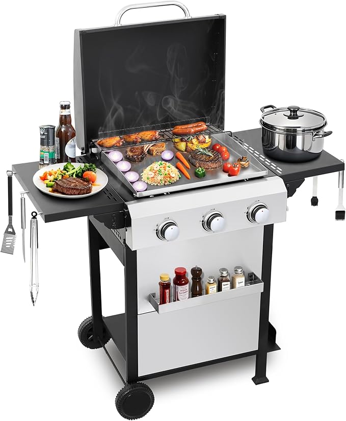 3-Burner Flat Top Propane Gas Grill Stainless Steel Griddle Combo with Foldable Side Table 36900 BTU Outdoor BBQ Grill Porcelain-Enameled Cast Iron Grids for Backyard Patio Cooking