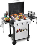 3-Burner Flat Top Propane Gas Grill Stainless Steel Griddle Combo with Foldable Side Table 36900 BTU Outdoor BBQ Grill Porcelain-Enameled Cast Iron Grids for Backyard Patio Cooking