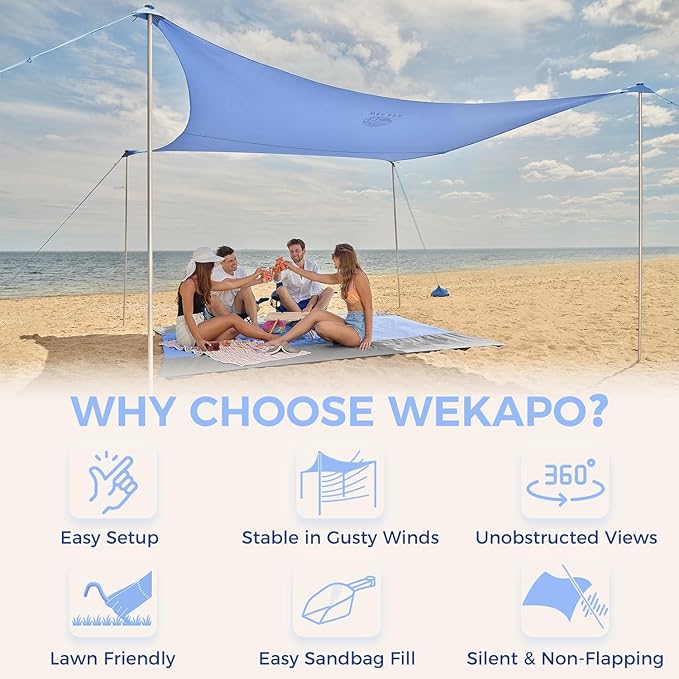 WEKAPO Beach Tent Sun Shelter - Easy Setup Beach Canopy with 4 Sturdy Poles Large Sandbags and Shovel 6'7'' Tall Windproof Sun Shade for Backyard and Camping UPF 50+ Protection