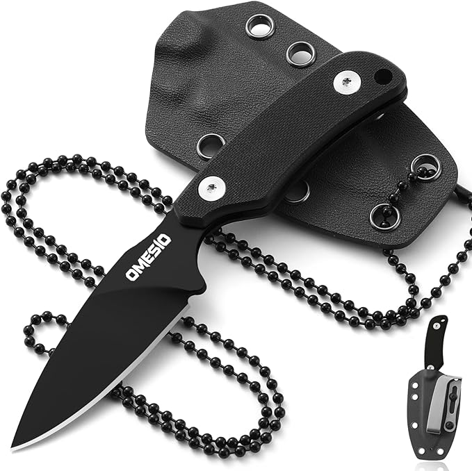 Omesio EDC Fixed Blade Knife 5.82 Neck Knife with Sheath and Necklace D2 Steel 2.99-Inch Blade Small Full Tang Knife with Clip G10 Handle for Fishing Hiking Camping (Black Blade + Black Handle)