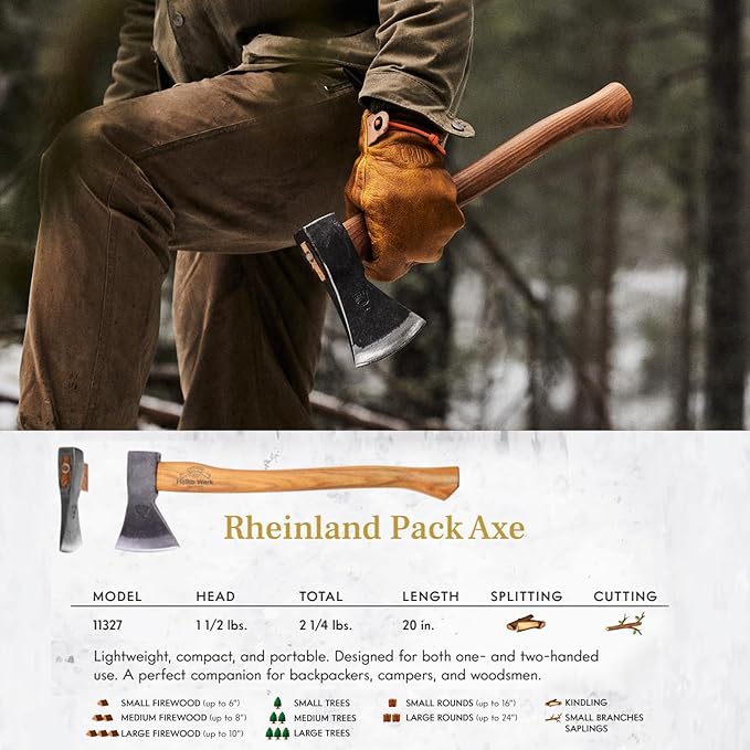 1844 Helko Werk Germany Traditional Rheinland - Made in Germany Compact Lightweight Axe for Backpacking Camping Long Hatchet - Head 1.5 lbs Handle 20 in. (Rheinland Pack Axe) #11327