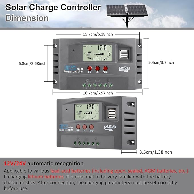 60A MPPT Solar Charge Controller 12V/24V Auto Tracking Solar Panel Regulator with Dual USB Port LCD Display and 3 Timer Settings Suitable for Lead-Acid/Lithium-Ion/Lithium Iron Phosphate Battery Grey