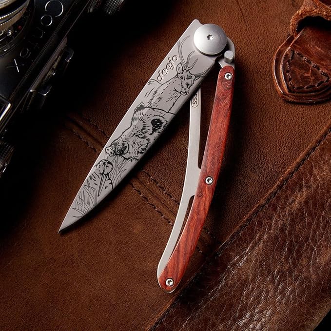 deejo - 37G Folding Pocket Knife with Belt Clip - Hunting Scene Design 3.7-Inch Stainless Steel Blade Coral Wood Handle - Lightweight Everyday Carry for Home Work and Outdoor Use