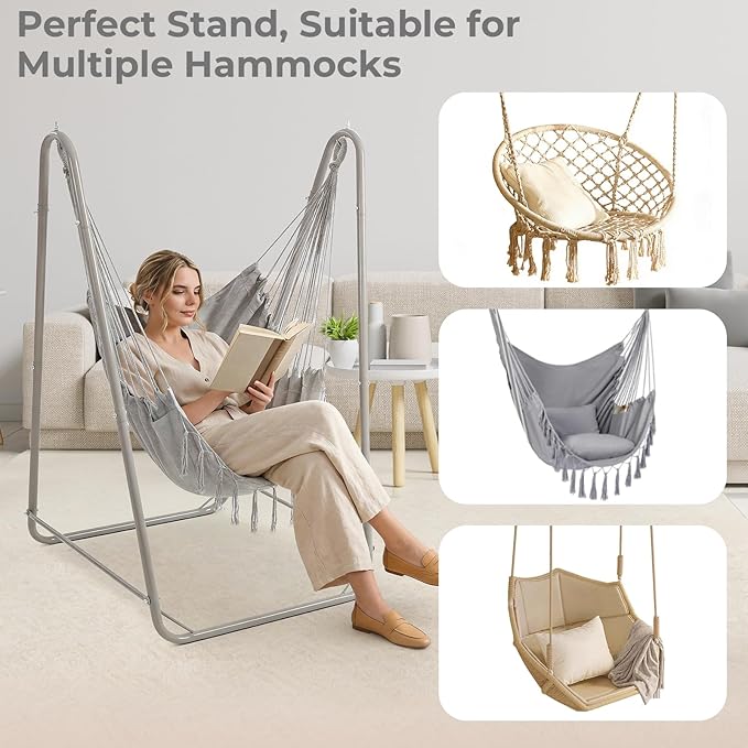 Hammock Stand for Multiple Hammock Heavy-Duty Steel Hanging Chair Stand for Indoor &amp Outdoor Solid Support &amp Stable Base 220 lbs Capacity Easy Assembly U-Shaped Stand Only - Gray