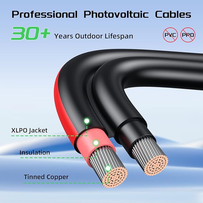 Bateria Power 50 Feet 10AWG Solar Panel Extension Cable 6mm² with Female &amp Male Connectors 10 Gauge Twin Wire Conductor Parallel Solar Wire Adapter for RV Photovoltaic Systems