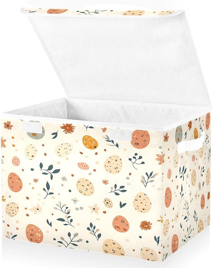 Colored Eggs and Branches 2 Fabric Storage Bins with Lids and HandleFoldable Storage Bins with LidsCloset Organizers for Clothes Storage Room Organization Office Storage Chest Organizer