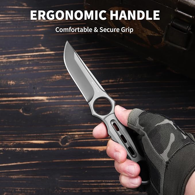 EDC Fixed Blade Knife with Sheath Camping Knife Fixed Blade 3.3 DC53 Steel Outdoor Survival Blade Full Tang Hunting Knives for Men Women IB-01 Silver