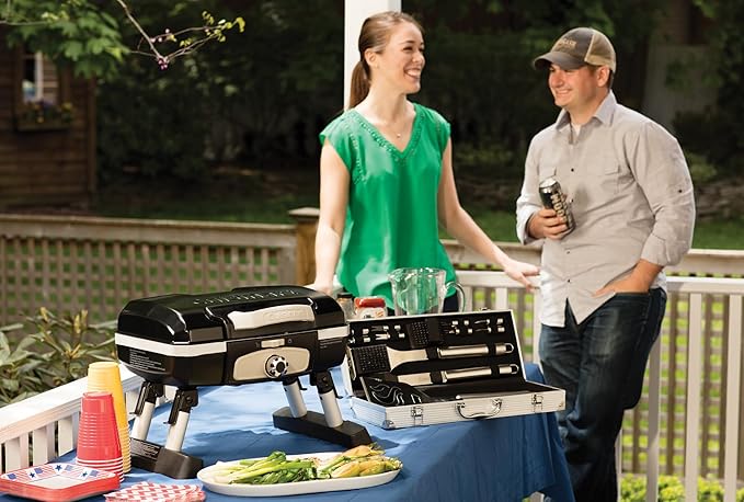 Cuisinart Petite Gourmet Portable Gas Grill Compact &amp Lightweight Tabletop Small Grill for BBQs Camping Tailgates &amp Small Spaces 5500 BTU Burner Folding with Carry Handles Black