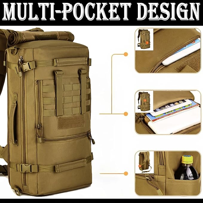 50L Multi-Function Tactical Handbag Outdoor Camping Large Messenger Bag Hiking Portable Storage Backpack(Brown)