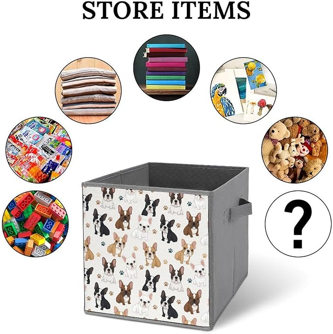 Collapsible Cube Storage Organizer with Handles Cute French Bulldog Foldable Fabric Bin for Shelves Perfect for Closet Bathroom Kids' Room &amp Nursery