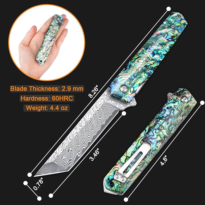AUBEY Damascus Pocket Knife with Clip Sharp Tanto Blade with VG10 Core Folding Knife with Abalone Shell Handle and Glass Breaker EDC Camping Knife for Gift Survival Collection