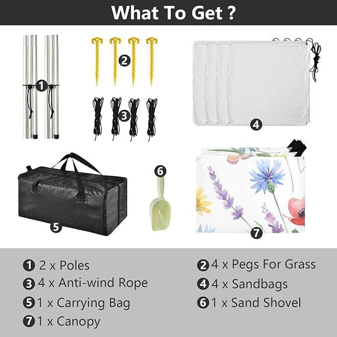 xigua Wildflowers Beach Tent Sun Shelter with Carrying Bag - Silver Coated Oxford Fabric Beach Canopy for Beach Camping Fishing - Includes Windproof Ropes Sandbags &amp Stakes