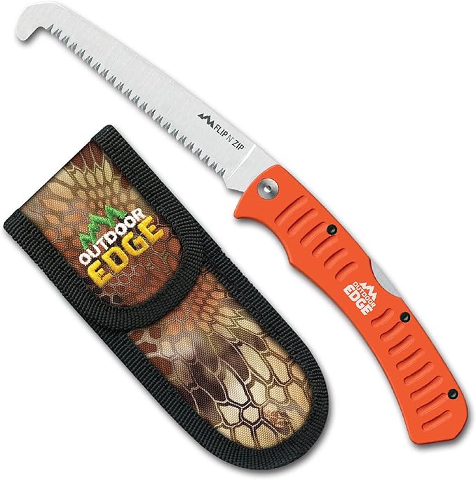 Outdoor Edge 4.4 Flip N' Zip Saw - Lightweight Folding Aluminum Handle Outdoor-Hunting Saw with 65Mn Spring Steel Blade and Triple Ground Teeth for Bone and Wood with Nylon Sheath