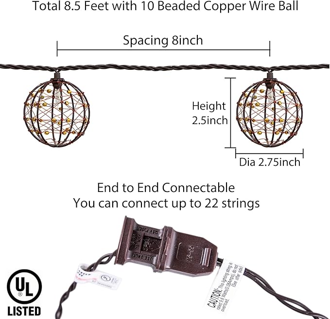 Outdoor Decorative Patio String Lights Beaded Copper Wire Ball Style Lantern Lights Connectable Weather-Resistant Indoor Outdoor Novelty Whimsical Light for Home Pergola Bedroom Porch Party Backyard