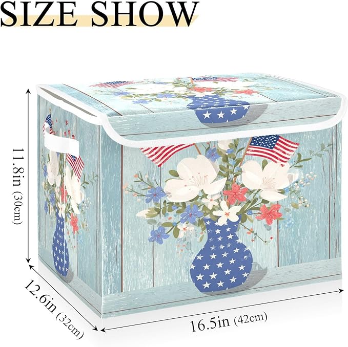 Wood Grain Flowers 4th July Storage Box with Lid 1 PC Foldable Storage Bin with Lids Stackable Storage Bins Cube Closet Organizer Basket with Flip-Top Lid &amp Handles for Shoes Books Towels