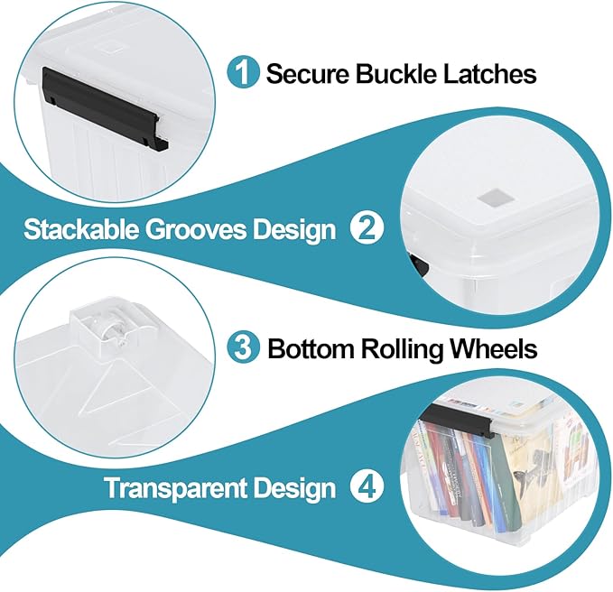 50 L Plastic Lidded Storage Bin 4 Pack Clear Latching Storage Box with Wheels