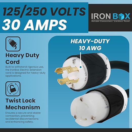 IronBox Electric NEMA L14-30P to L6-30R Plug Adapter Power Cord - 30A 10 AWG 125/250V - Heavy Duty UL Listed Power Cable for Generator Outdoor Data Centers Camper &amp More (6 ft Custom Built)