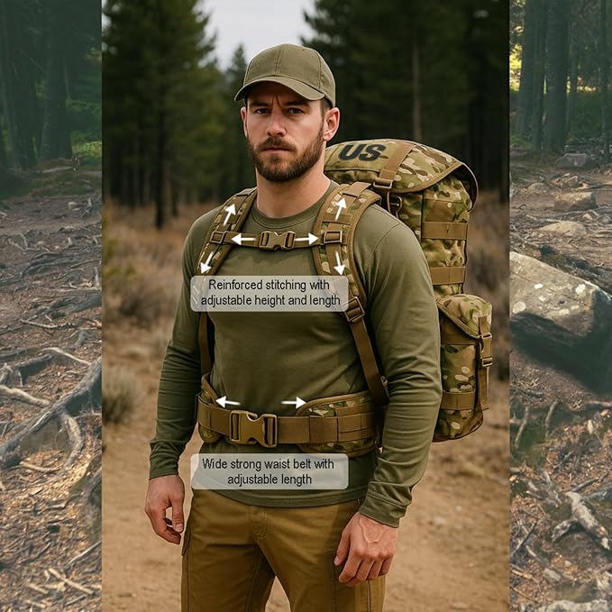 MT Military ALICE Pack Large Size Tactical Rucksack with Aluminum Quick-Release Buckles and Enhanced Waist Support – US Logo