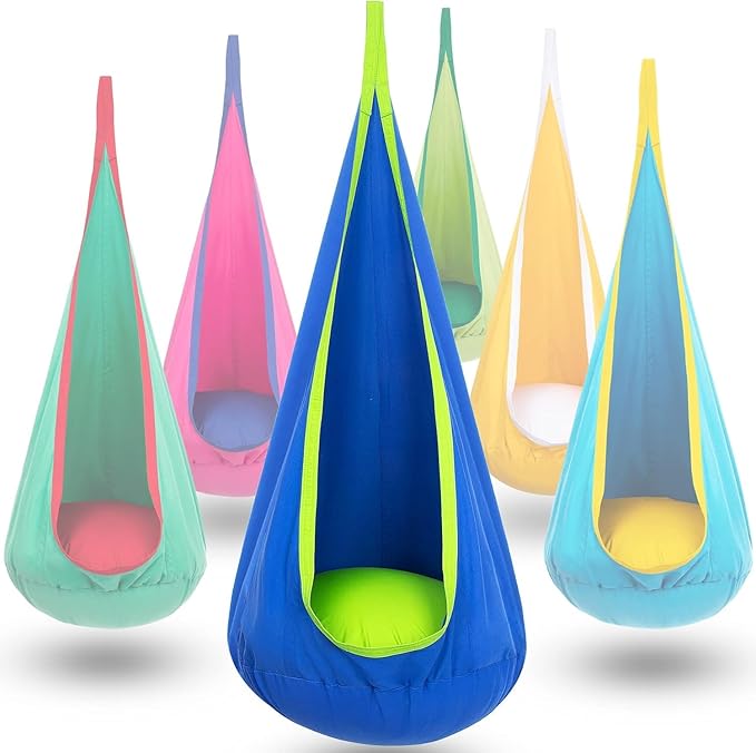 Y- STOP Kids Pod Swing Seat Hanging Hammock Chair Swing with Inflatable Pillow Sensory Swing Chair with Pocket for Outdoor and Indoor (Blue)