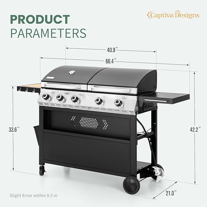 Captiva Designs Propane Gas Griddle Grill Combo with Porcelain-Enameled Cast Iron Grate &amp Cast Iron Pan Dual BBQ Grill With Flat Top Griddle for Outdoor Kitchen &amp Backyard Barbecue696 SQIN C