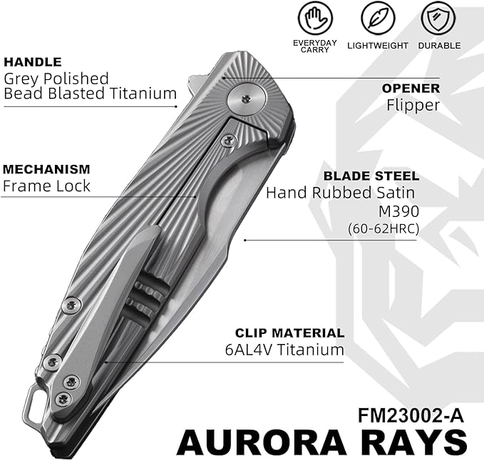 Folding Knife Pocket Knife EDC Knife with Clip Survival Knife Hunting Knife - M390 Steel Titanium Handle - Outdoor Hunting Hiking Survival Camping Knife with Sheath Gifts for Men (Grey)