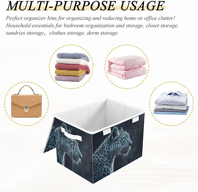 Storage Cube with Lid Night Leopard Print 16.5×12.6×11.8 IN Collapsible Large Capacity Foldable Storage Basket Bin Organizer