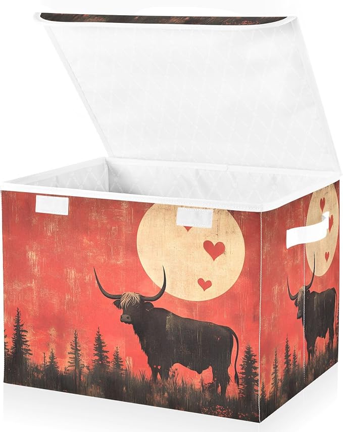 AIXIWAWA Lidded Storage Cube (Cattle Valentine) Fabric Foldable Closet Bins with Flip Lid and Handles Organizer Basket Container 16.5 x 12.6 x 11.8 IN