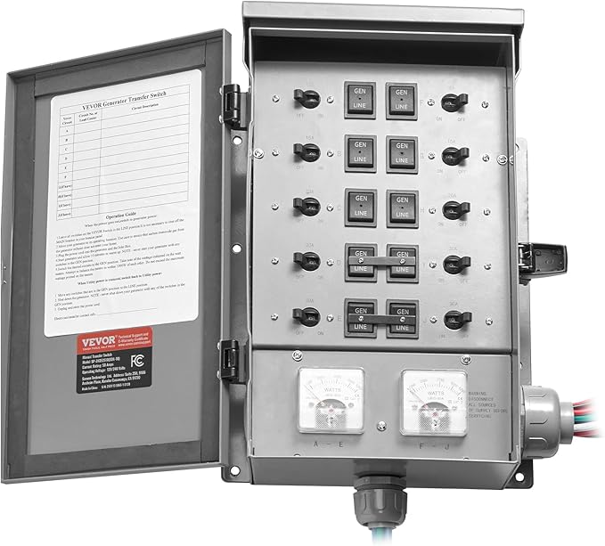 VEVOR Manual Transfer 50-Amp 10-Circuit Prewired Generator Transfer Kit with CS6375 Plug Power Inlet Box Double-Throw NEMA 3R Mechanical Watt Meter for 12500W Generators