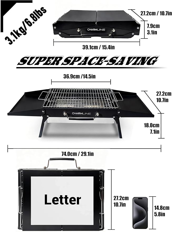Charmline 15x11 inches Portable Charcoal Grill Compact Portable BBQ Grill Tabletop Charcoal Grills for Camping Picnics Gardens and Beach Parties Black