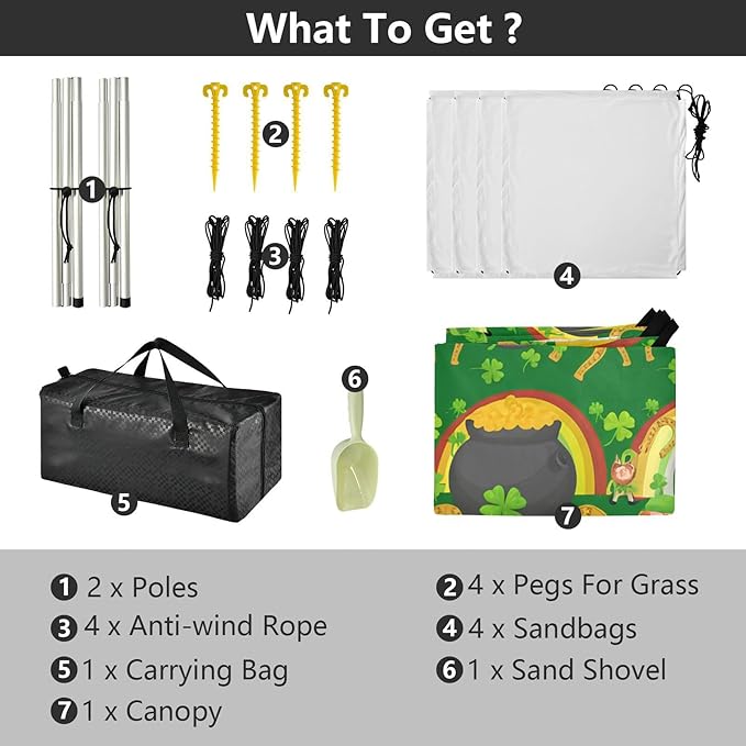 Beach Canopy with Windproof Ropes &amp Sandbags Beach Tent Sun Shade Sun Shelter for Camping Trips Fishing Backyard Fun or Picnics St. Patrick's Day