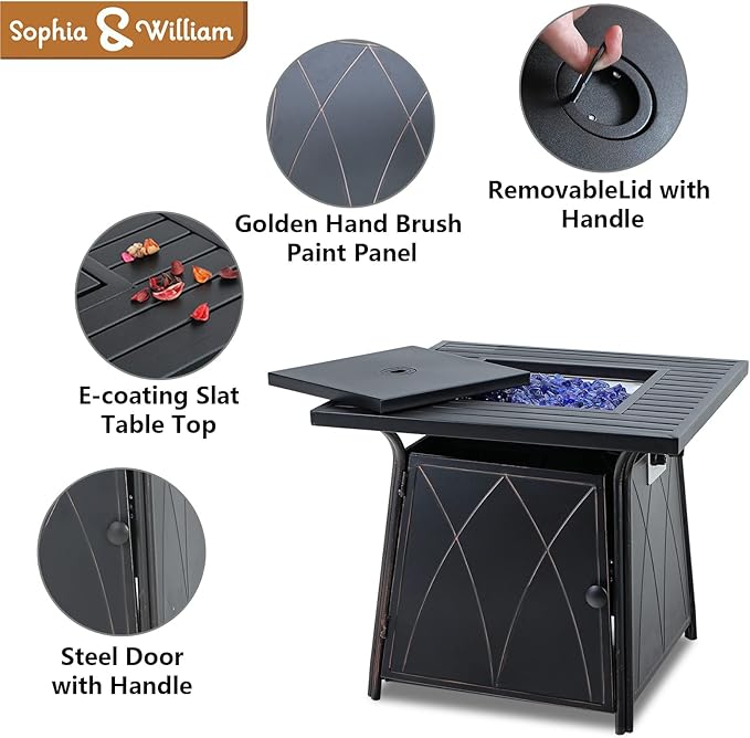 Sophia &amp William Gas Fire Pit Table 28 Inch 50000BTU Square Outdoor Propane FirePits 2 in 1 Auto-Ignition Patio Fireplace for Outside with Lid and Blue Fire Glass Black