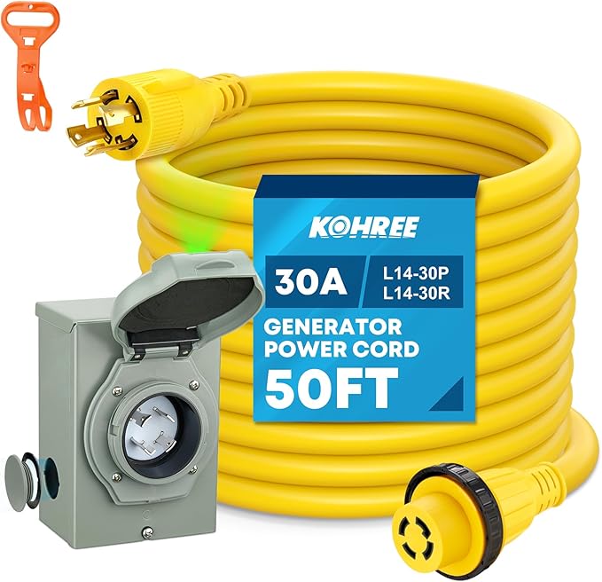 Kohree 50 Feet 30 Amp Generator Cord and Power Inlet Box Kit 4 Prong NEMA L14-30P to L14-30R Generator Extension Cord 30Amp Pre-Drilled Inlet Box with Cord Waterproof Combo Kit 125/250V ETL Listed
