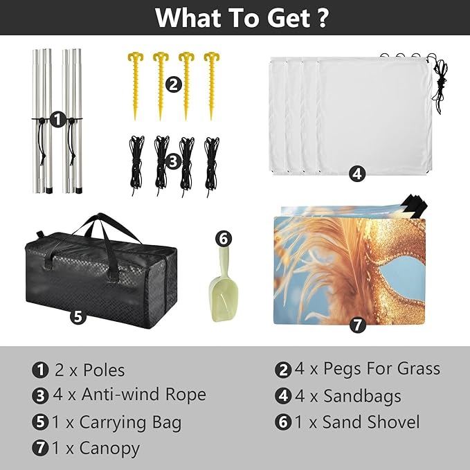 Carnival Golden Mask Mardi Gras Beach Tent Sun Shelter Set UPF50+ UV Protection 10.5 x 9.19 FT Camping Shade Canopy with Sandbags Sand Anchors Carrying Bag and Others