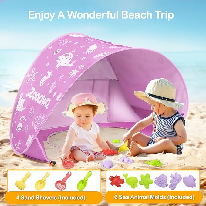 Zooawa Baby Beach Tent Pop Up Beach Tent Sun Shade for Beach Portable Shade Pool UV Protection Sun Shelter for Infant with Beach Sand Toys Set