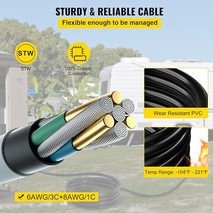 VEVOR 25 FT 50 Amp Generator Extension Cord NEMA N14-50P &amp SS2-50R &amp CS6364 STW 6/3 + 8/1 AWG 125V 250V Generator Power Cord Twist Lock Connectors