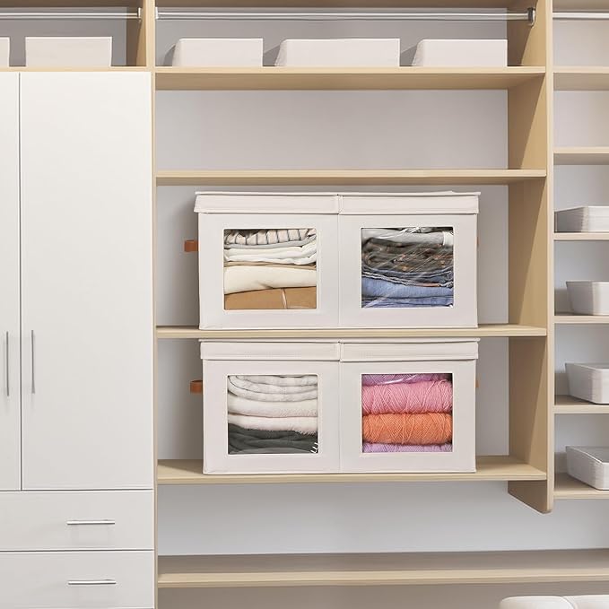 Univivi Large Storage Boxes with Lids Collapsible Foldable Storage Bins for Clothes [2-Pack] Fabric Storage Cubes with Handles Closet Organizers for Home Bedroom (Beige 24” x 17” x 12)