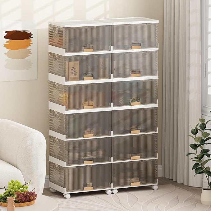 Giantex 5 Tier Stackable Storage Bins with Lids 22.5 Gal Foldable Shoe Storage Box with Detachable Wheels &amp Flip-Up Doors Collapsible Closet Organizers and Storage Bins