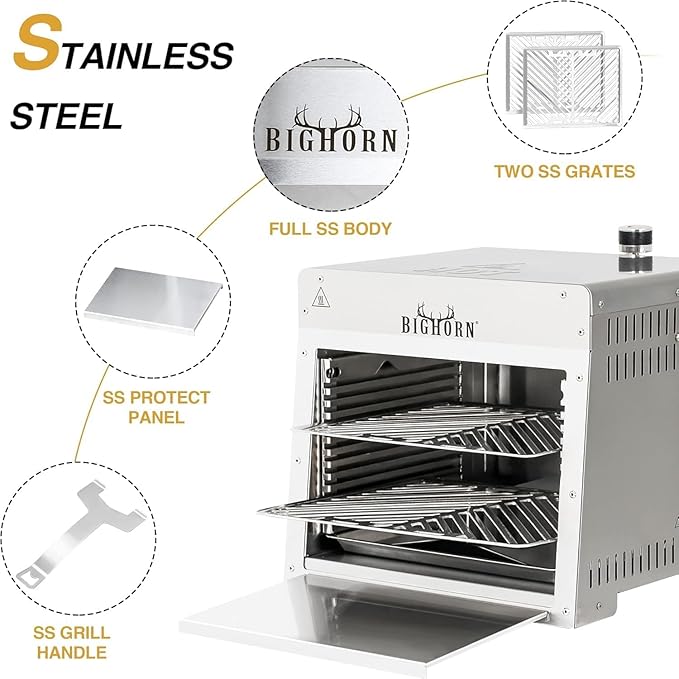 BIG HORN OUTDOORS 1500°F Small Infrared Propane Gas Grill – Portable Steak Broiler &amp Sear Station Outdoor Salamander BBQ with Pizza Stone Stainless Steel