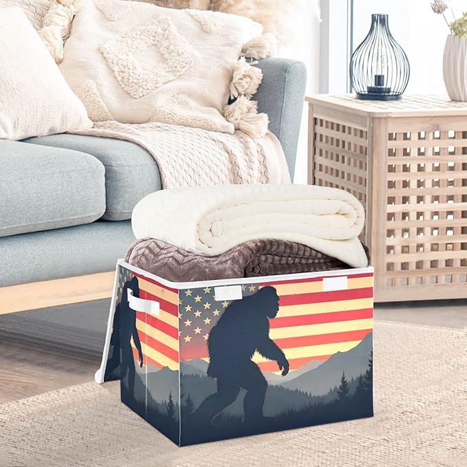 Storage Cube with Lid American Sasquatch Print 16.5×12.6×11.8 IN Collapsible Large Capacity Foldable Storage Basket Bin Organizer