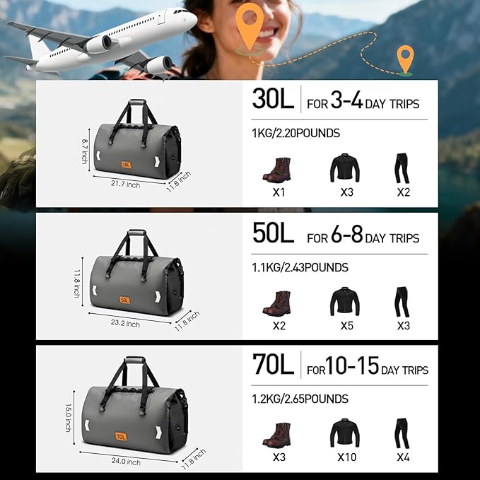 OCKLILY Waterproof Dry Bag 30L Roll-top Motorcycle Tail Bag with Air Valve &amp Quick-fixed Straps Travel Duffle Bags for Kayaking Paddle Boarding Rafting Boating Camping Riding Fishing - Grey